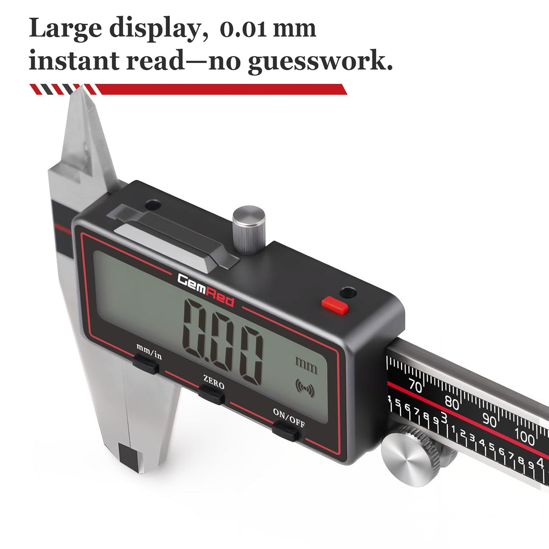 GemRed Digitaler Messschieber 150 mm, Kabelloser Edelstahl Messschieber mit Grossem LCD-Display, Sch