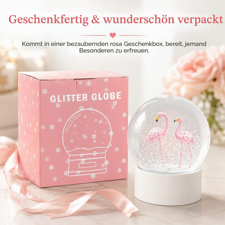 Mingfuxin Flamingo Schneekugel Kristallkugel mit weissem Sockel, weisse Flocken, Glas-Schneekugel Fl