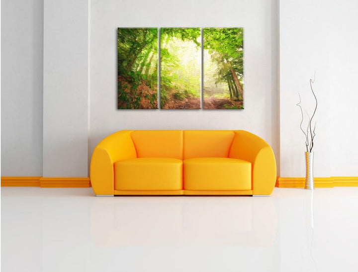 Pixxprint Sonnenstrahlen Waldweg Pinsel Effekt 3-Teiler Leinwandbild 120x80 Bild auf Leinwand