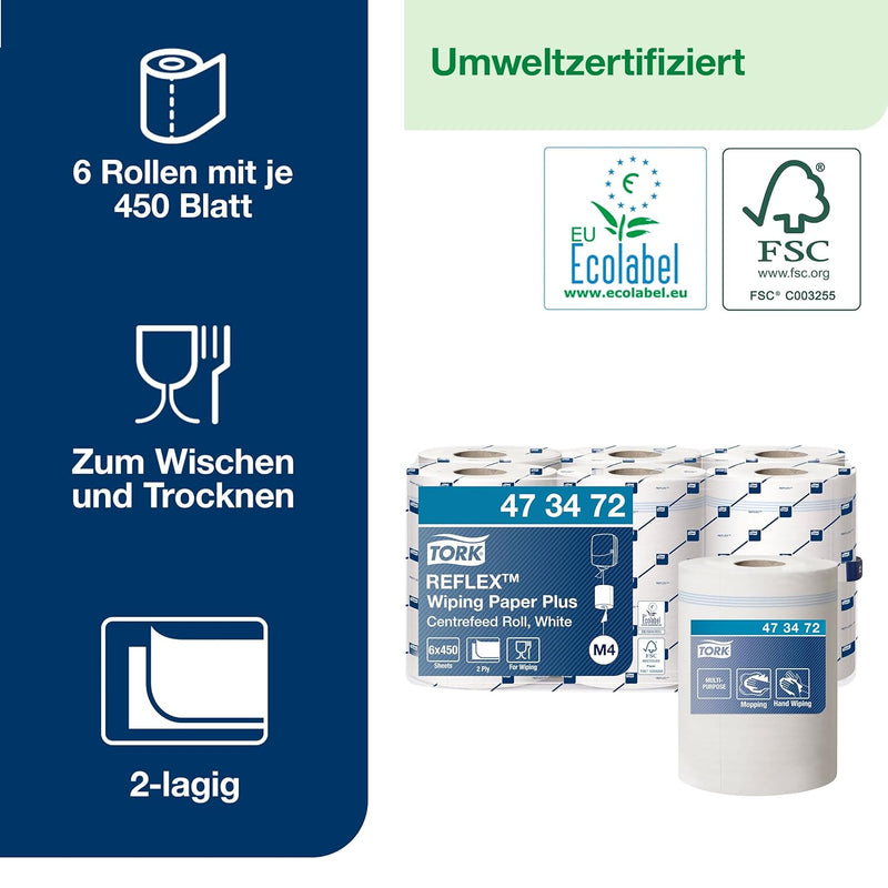 Tork Reflex Starke Mehrzweck-Papierwischtücher Weiss M4, SmartCore, 6 × 450 Blatt, 473472 Weiss 6 x