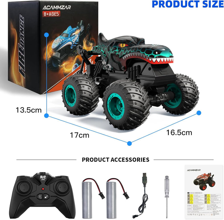 ACAMMZAR Ferngesteuertes Auto Dinosaurier, 2.4GHz 20+km/h Ferngesteuertes RC Monster Truck mit 2 Akk
