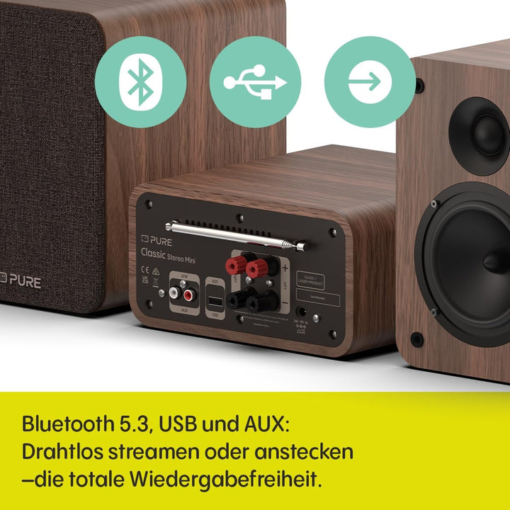Pure Classic Stereo Mini Mikro HiFi Anlage mit CD-Player DAB+ Radio Bluetooth 5.3 USB AUX Kopfhörera