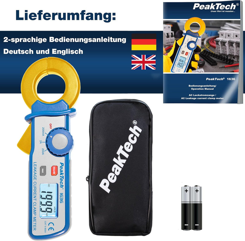 PeakTech 1636 – Leckstromzange mit Auflösung bis 100 µA, 2000 Counts, Data-Hold, Kriechstromzange, W