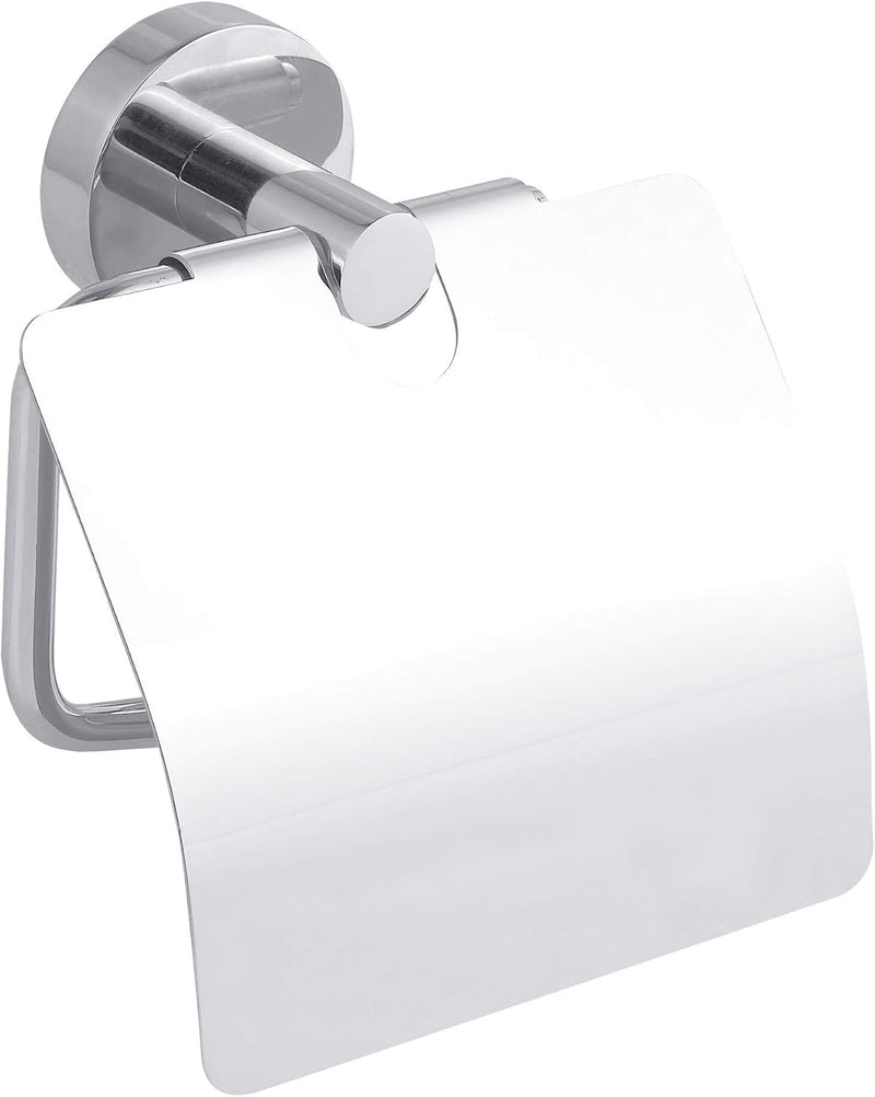 tesa SMOOZ Toilettenpapierhalter mit Deckel, verchromt - WC-Rollenhalter zur Wandbefestigung ohne Bo