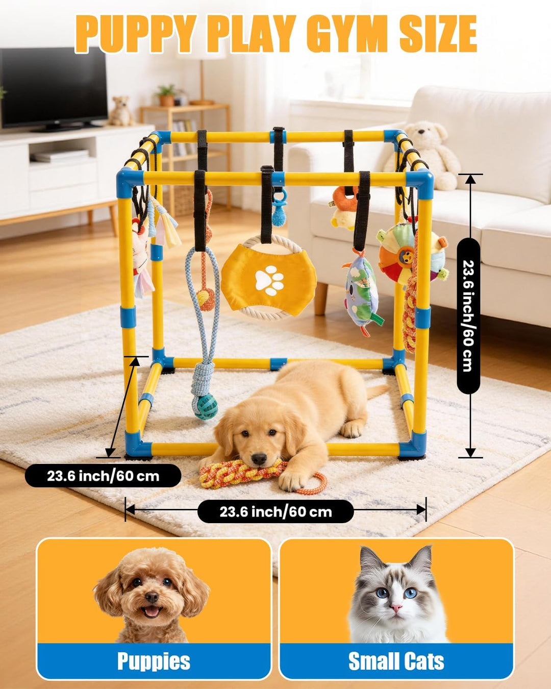 Welpen Spielgym für Kleine Hunde, 60 x 60 cm mit 12 Hängespielzeugen | Indoor Hundespielplatz mit An