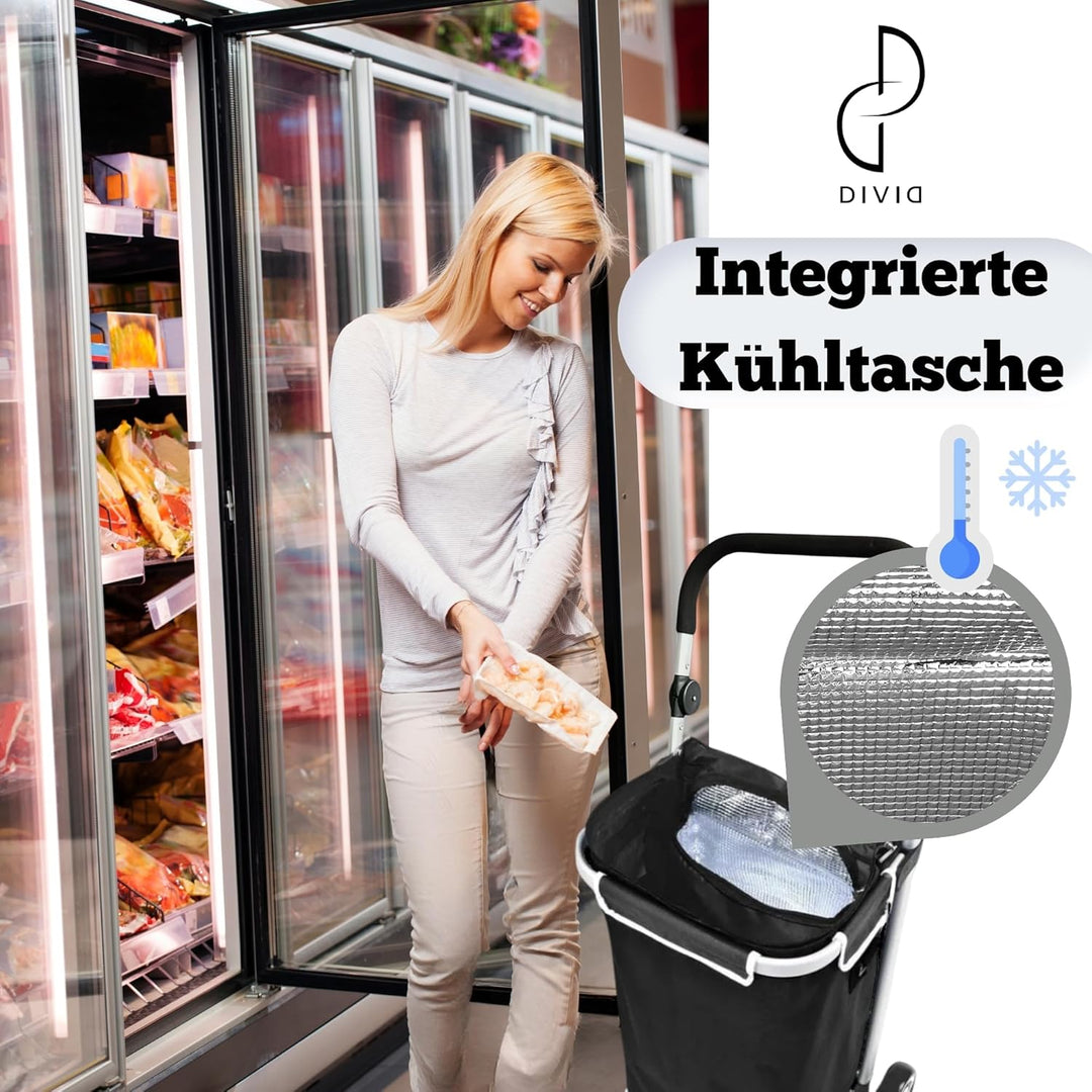 DIVID® Einkaufstrolley mit integrierter Sackkarre, 56LFassungsvermögen bis zu 50Kg belastbar,Klappba