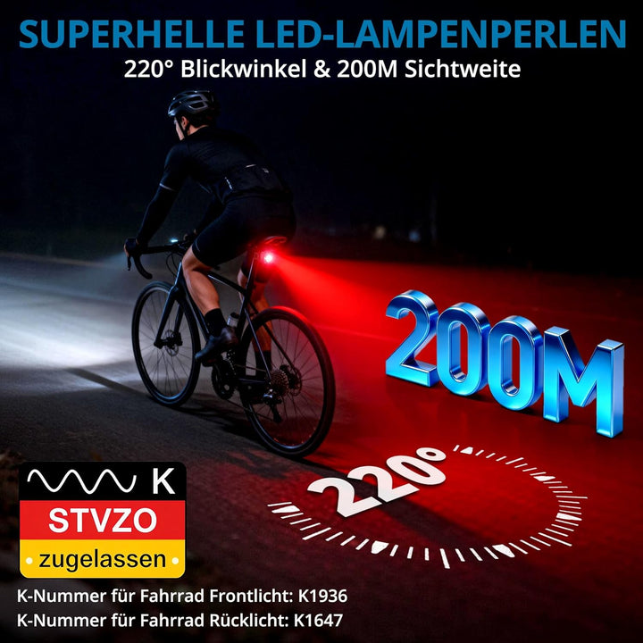 AUTOUTLET Fahrradlicht Set StVZO Zugelassen, 20/40 LUX LED Fahrradbeleuchtung USB-C Aufladbar bis zu