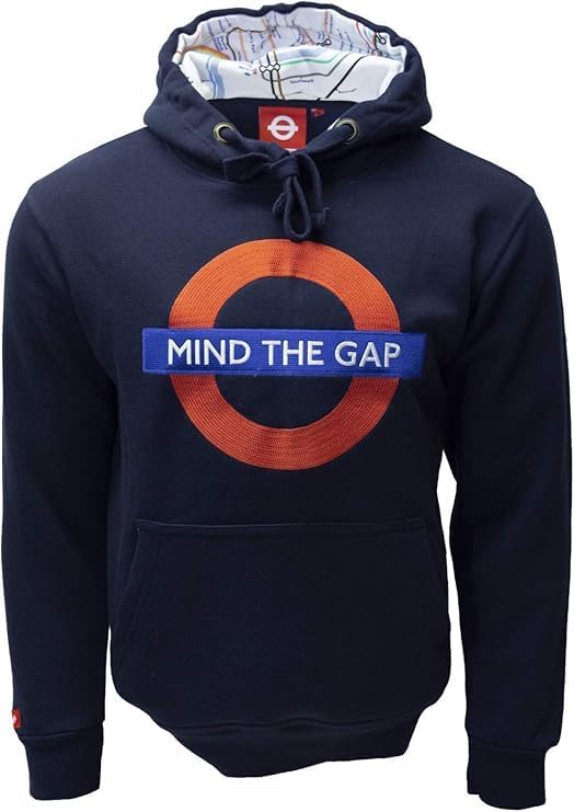 Mind The Gap Logo Marineblau Bestickt Kapuzenpullover mit Tube-Map Inside The Hood - Marine, XL