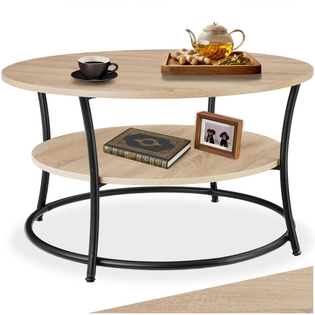 tectake® Tisch rund, 2 Ablagen, Wohnzimmertisch Ø 80, Couchtisch mit Stauraum, Beistelltisch Holz un