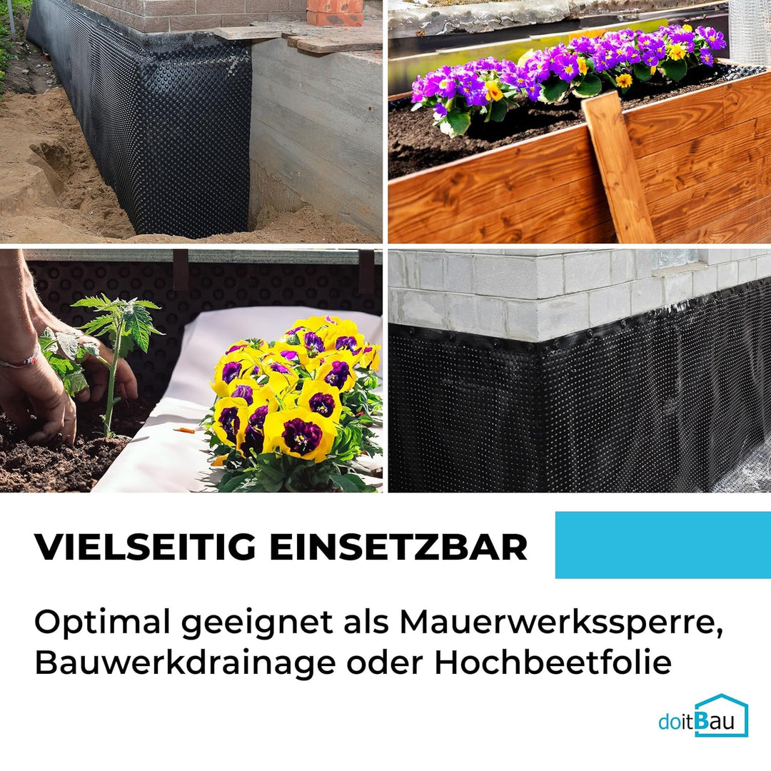 doitBau Noppenbahn HDPE für Grundmauerschutz und Hochbeete, Druckfestigkeit 190 kN/m², Wurzelfest, F