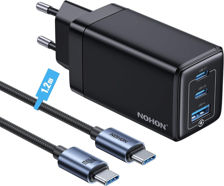 NOHON USB-C Ladegerät Fast Charger: 65W GaN Handy 3-Port Schnellladegerät PD3.0 mit 140W Typ-C 1.2M