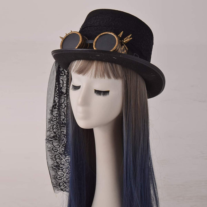 COSDREAMER Unisex Steampunk Zylinderhut Halloween Kostüm Hut mit Brille schwarz (Schwarz, Large) Sch