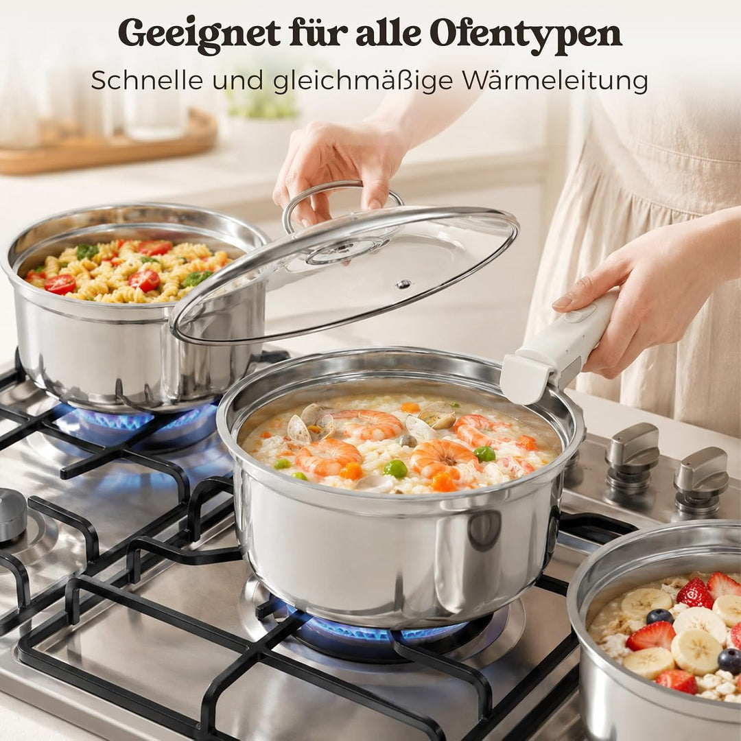 Edelstahl Töpfe Set mit Abnehmbaren Griff, 9 pcs antihaftbeschichtete Induktionskochtöpfe mit Deckel