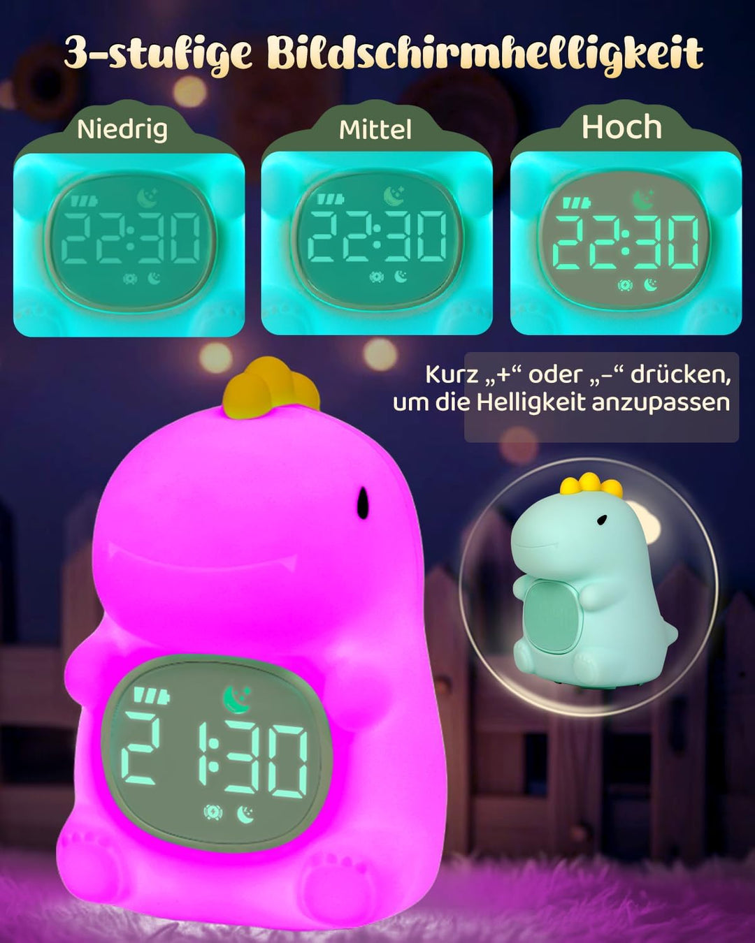 Yiliaw Dinosaurier Kinderwecker mit Nachtlicht – Schlaftrainer & Aufwachuhr, wiederaufladbare Siliko