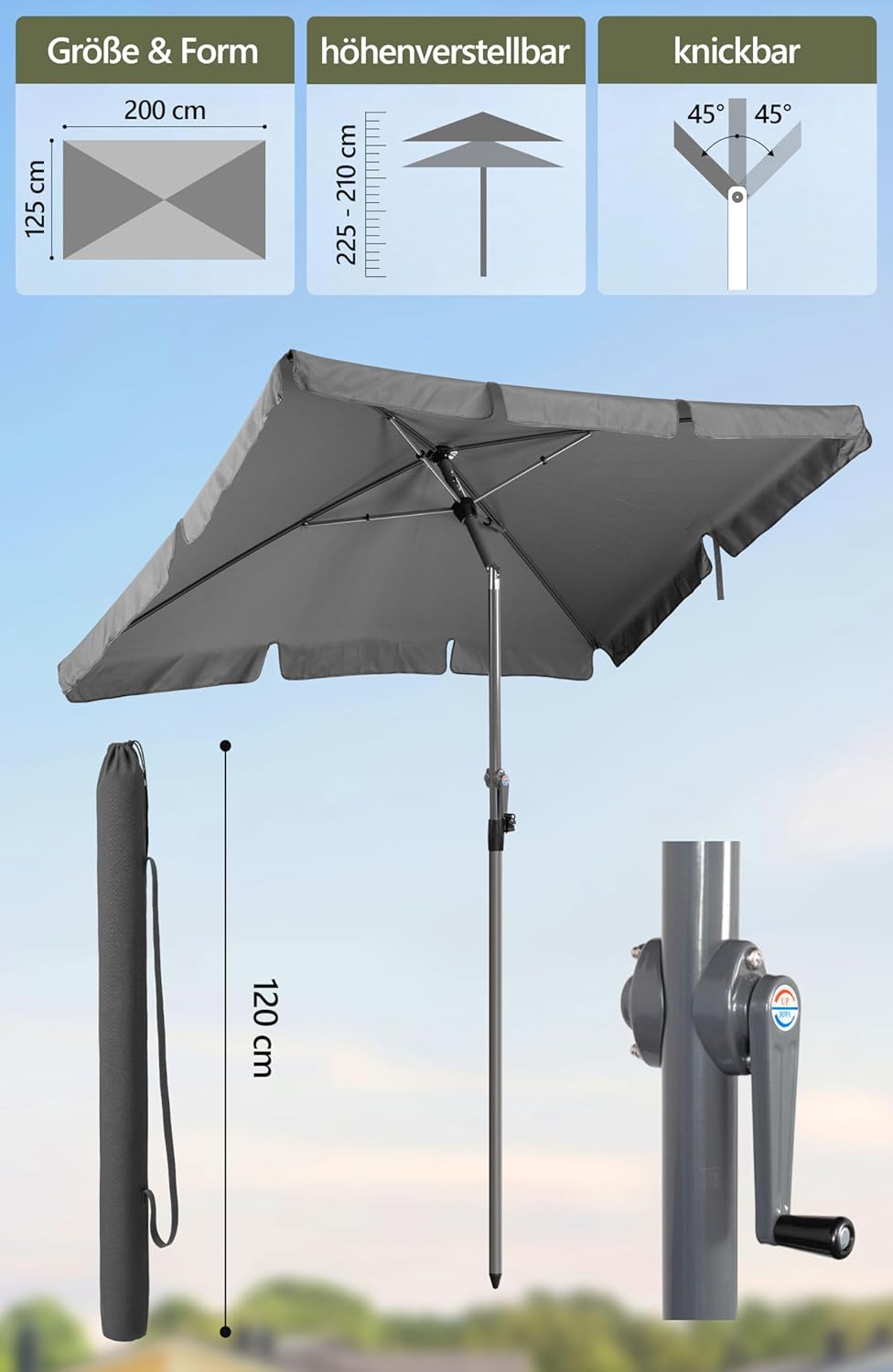 Menz Sonnenschirm, inkl. Sonnenschirmhülle - UPF 50+ Sonnenschirm rechteckig 200 x 125 cm, Sonnensch