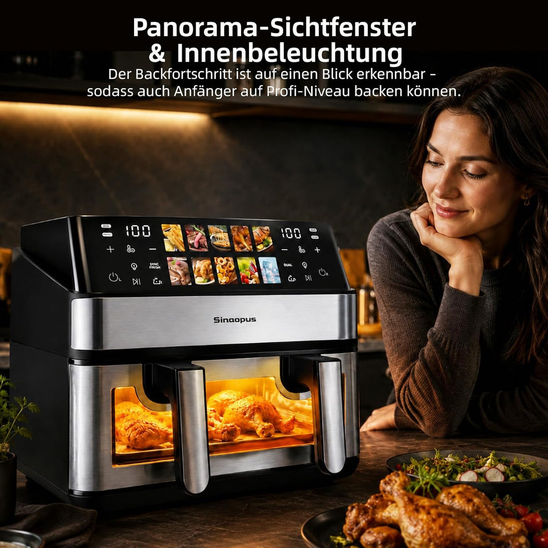 Air Fryer 9L 2000 W, Heissluftfritteuse 2 Kammern mit kühlem Griff | Digitaler Touchscreen, Sichtfen
