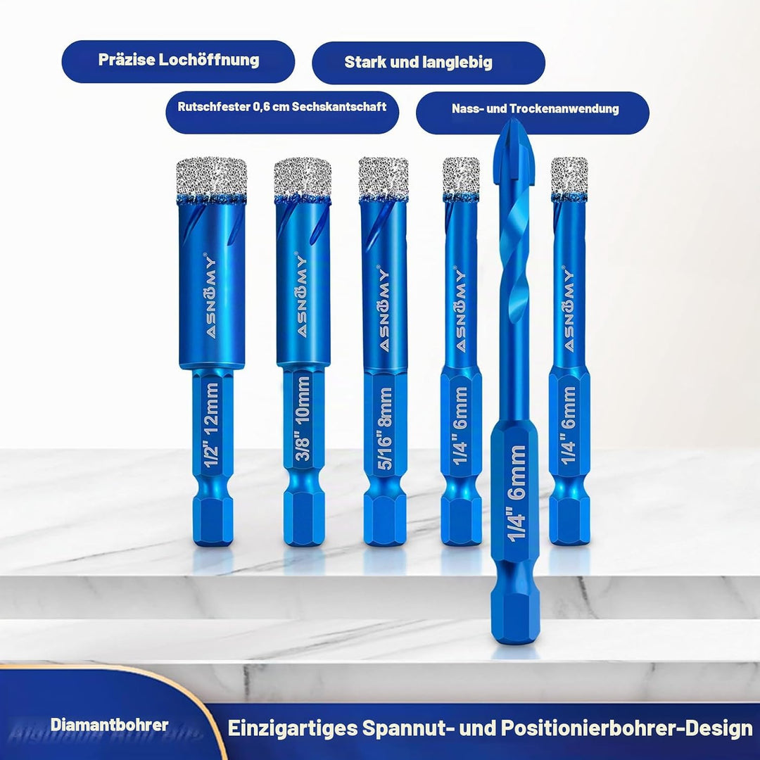 ASNOMY 6-tlg. Diamantbohrer Fliesenbohrer Glasbohrer Set [6, 6, 8, 10, 12mm] mit 6mm Karbid-Anbohrer