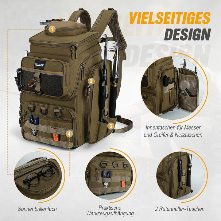 Goture Angelrucksack mit 4 Köderbox Angeln, 55-Liter Angelzubehör-Rucksack mit Zwei Rutenhaltern und