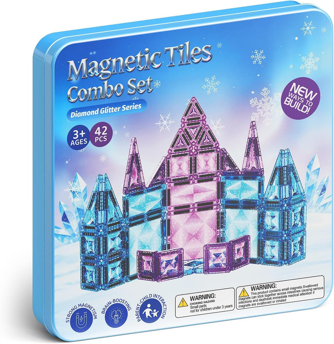 burgkidz Magnetische Bausteine Reisespielzeug für Mädchen, 42 Teile Eisprinzessin Magnetische Tiles