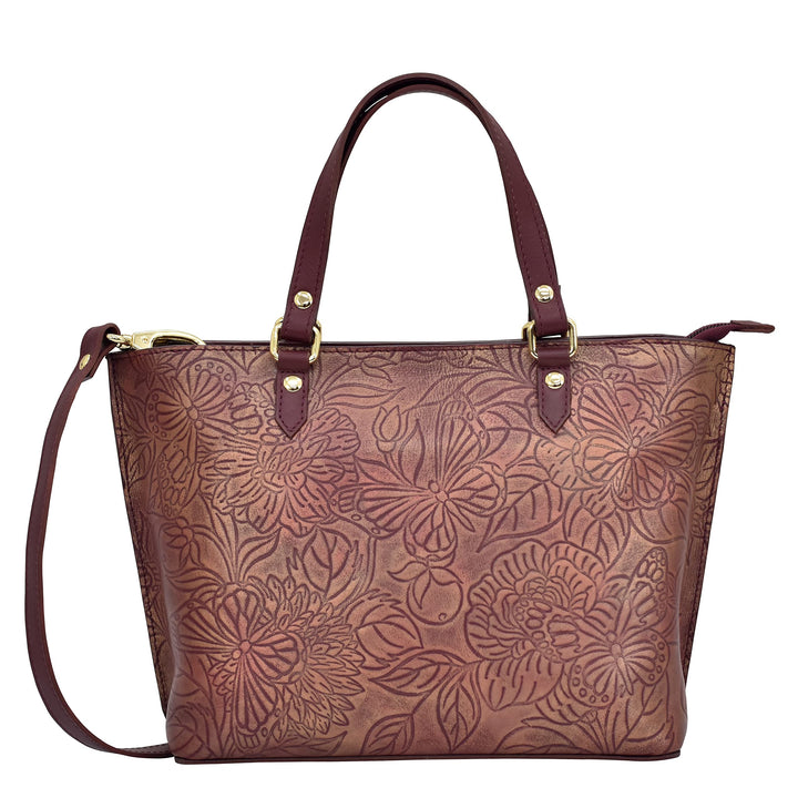 Anuschka Women's Echtleder Medium Tote - Handbemalte Handwerkskunst Tooled Butterfly Wine, Tooled Bu