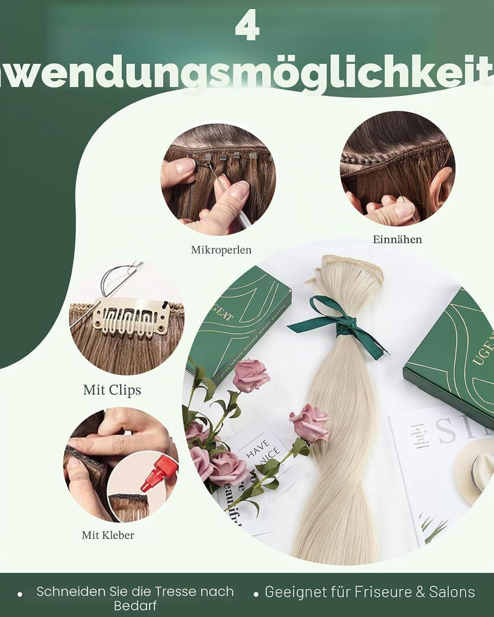 Ugeat Tressen Echthaar Platinblond 45 cm Extensions Tressen Echthaar Blond Glatt Haartressen Platinb