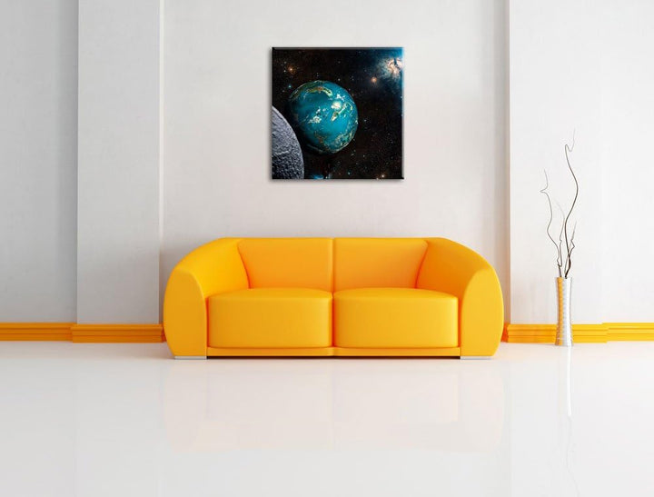 Planet Erde im Kosmos, Format: 70x70 auf Leinwand, XXL riesige Bilder fertig gerahmt mit Keilrahmen,