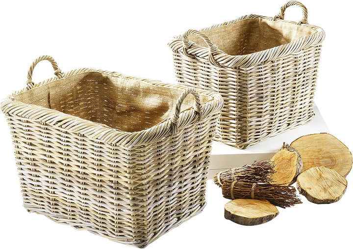 Kobolo Holzkorb für Kaminholz Kaminkorb rechteckig Kubu Grey - Rattan - Stoff hell - 2er Set