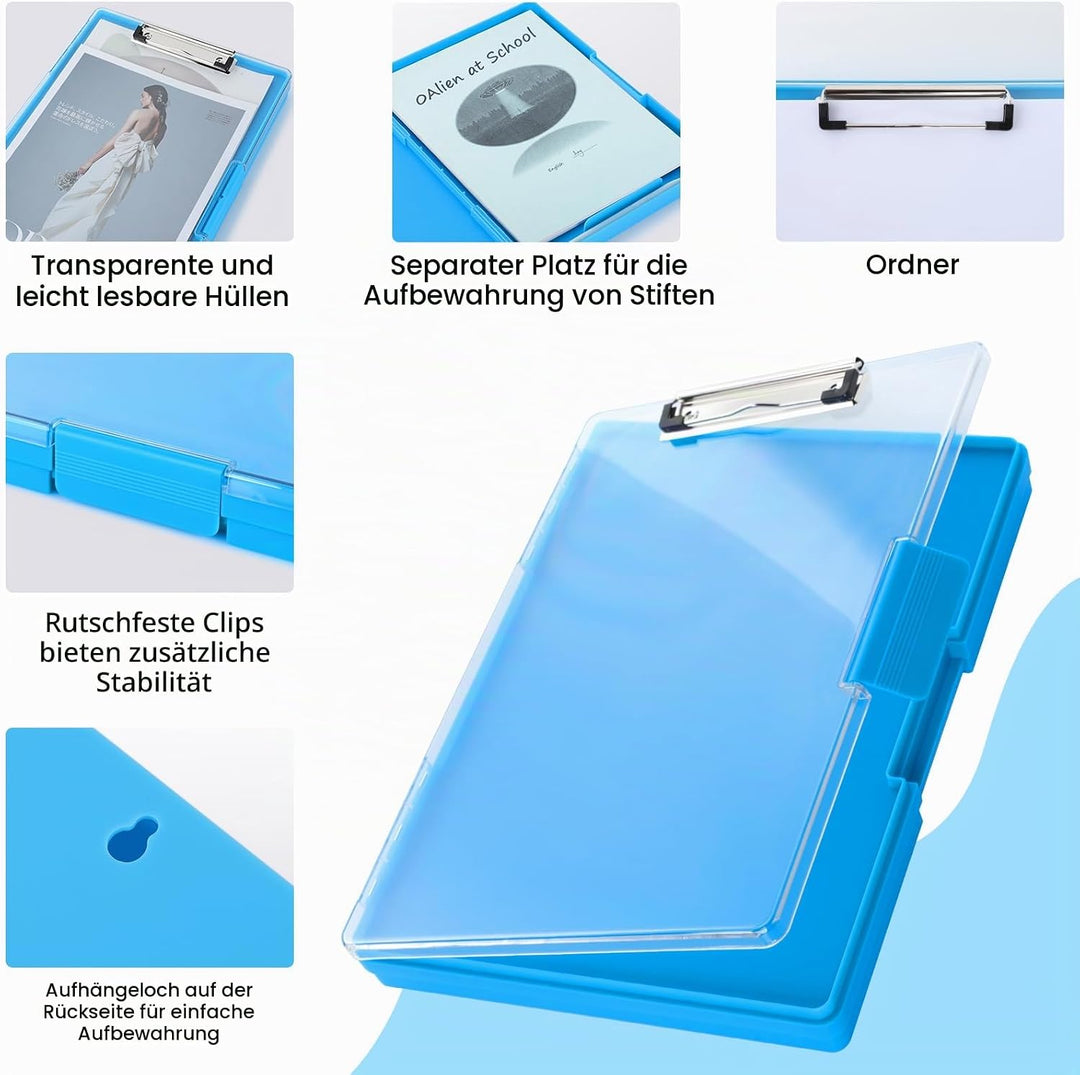 FRETONBA Klemmbrett a4 mit Aufbewahrungsfach, Blau Kunststoff-Klemmbrett, Leichtes Zwischenablage, T