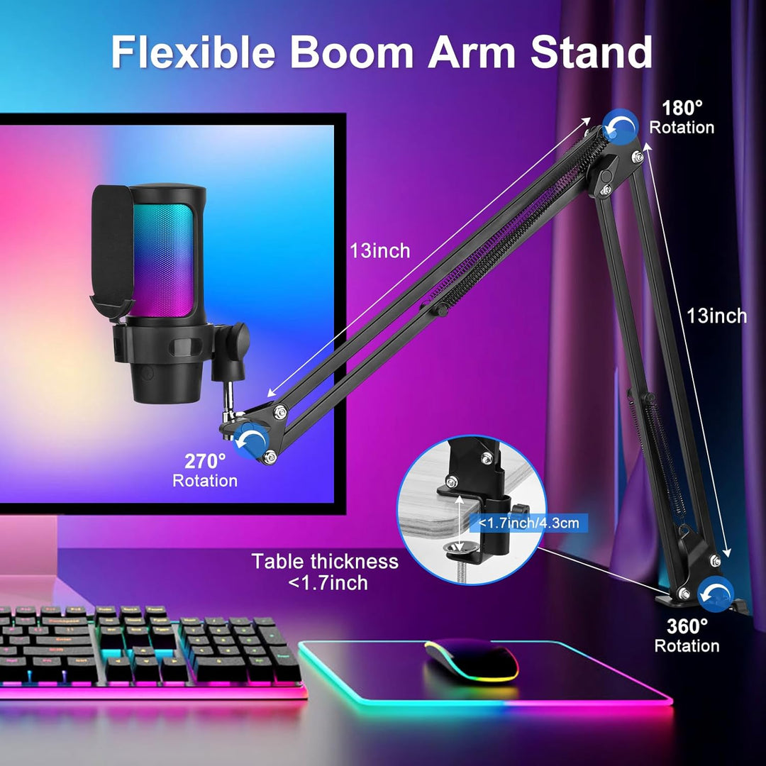 Diealles Shine PC Gaming Mikrofon USB Mit Arm, Stummschalttaste, Für MAC PS4 PS5, Podcast Streaming