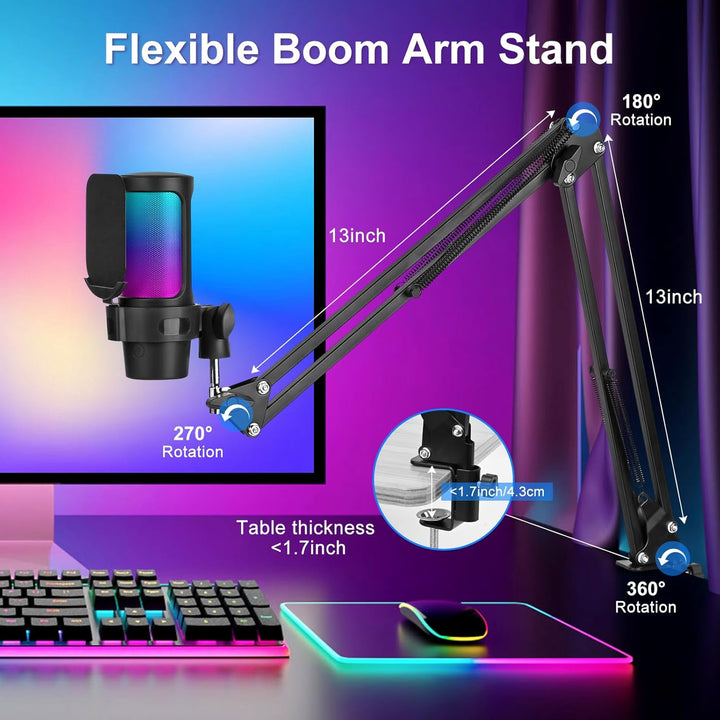 Diealles Shine PC Gaming Mikrofon USB Mit Arm, Stummschalttaste, Für MAC PS4 PS5, Podcast Streaming