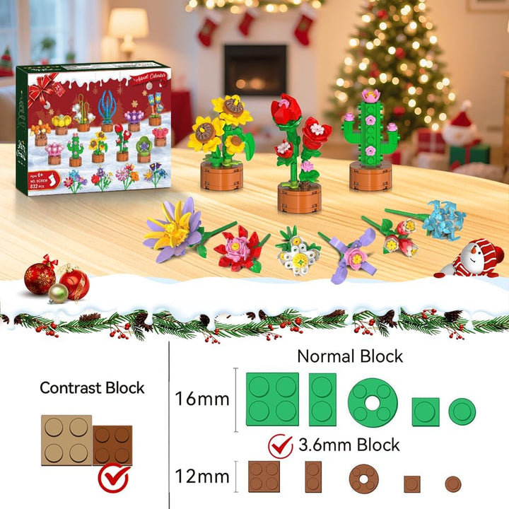 HOGOKIDS Adventskalender 2025 Blumen 3.6 Mini Bausatz - 24 Tage Weihnachten Countdown Sukkulenten Bo