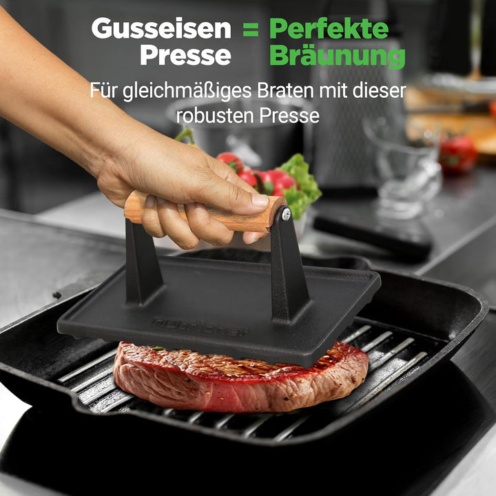NutriChef Burgerpresse- Antihaft Gusseisen, Schwere Grillpresse 1,5 kg (22 × 9,5 cm), Fleischbeschwe
