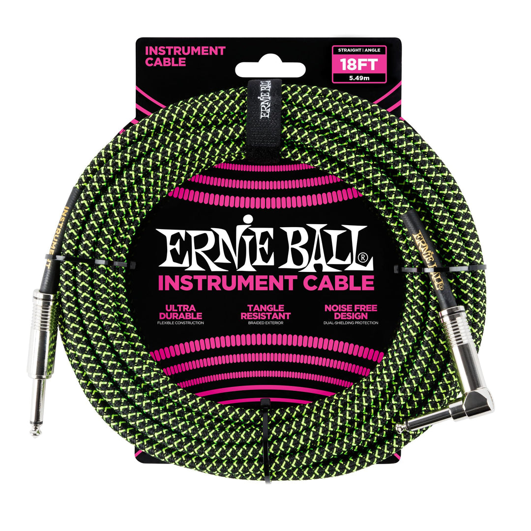 Ernie Ball Instrumentenkabel geflochten, gerade/gewinkelt, 5,49 m, Schwarz/Grün Schwarz 7,6 m Gerade