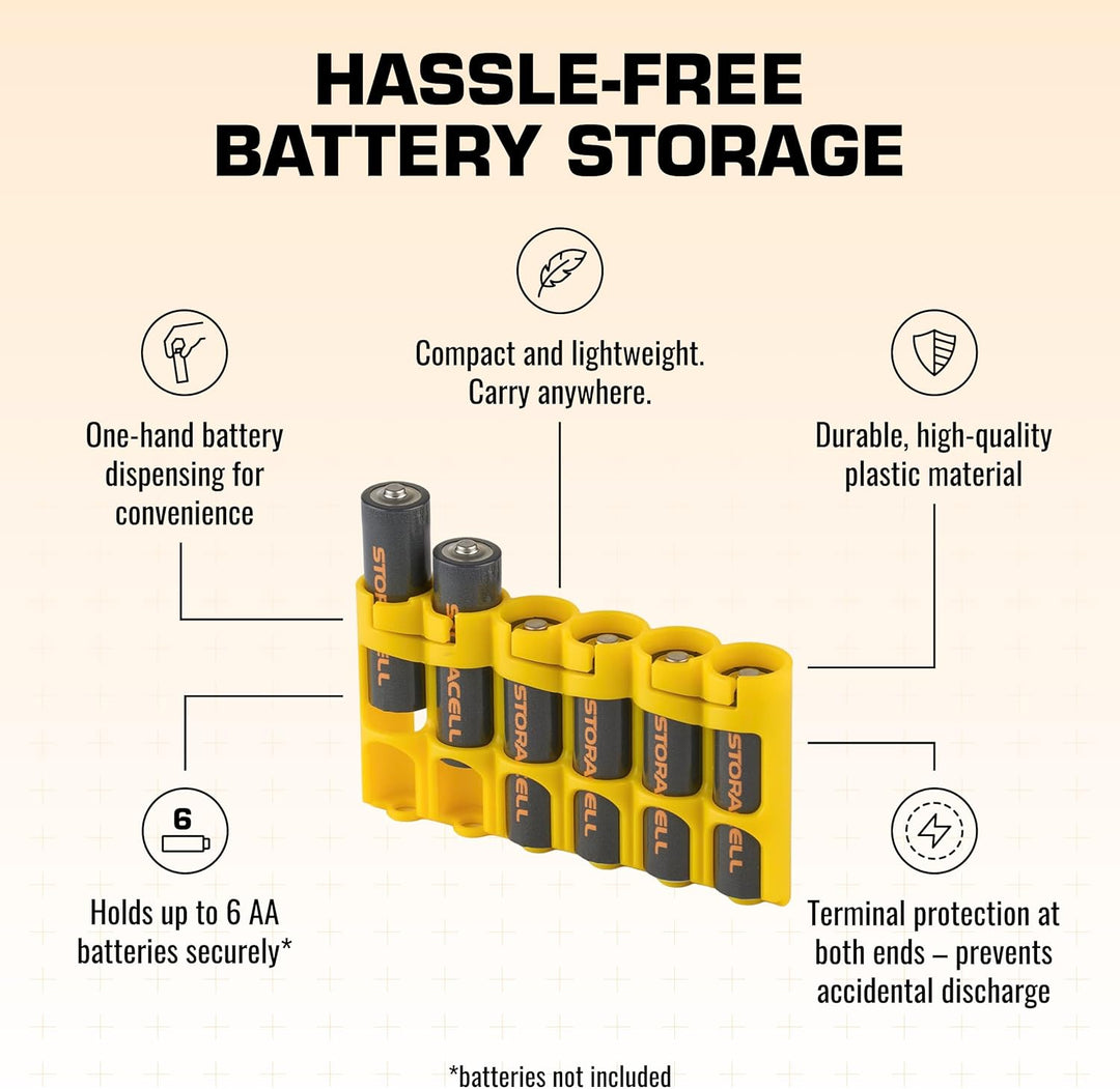 Storacell AA-Batterie-Aufbewahrungsbehälter (2er-Pack), gelb, hält 6 AA-Batterien (Nicht im Lieferum