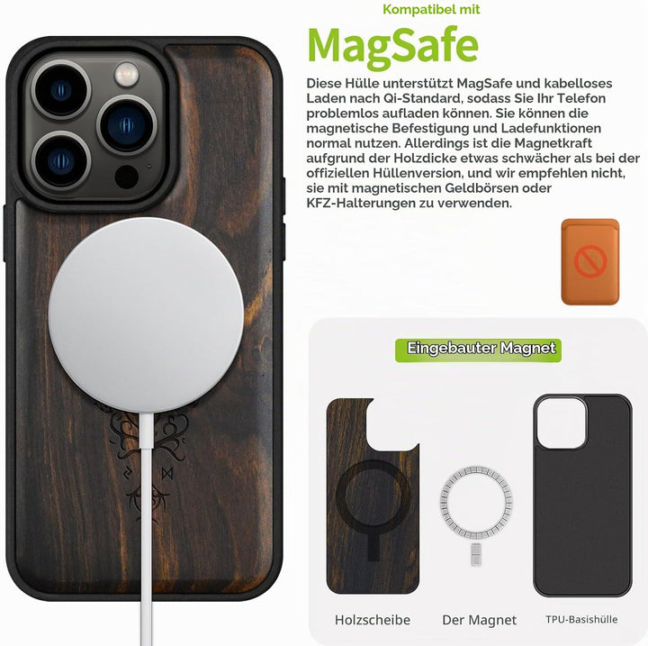 Carveit Holz Cover für iPhone 15 Pro hülle, Kompatibel mit Magsafe Silikon Stossfeste Cover, Magneti