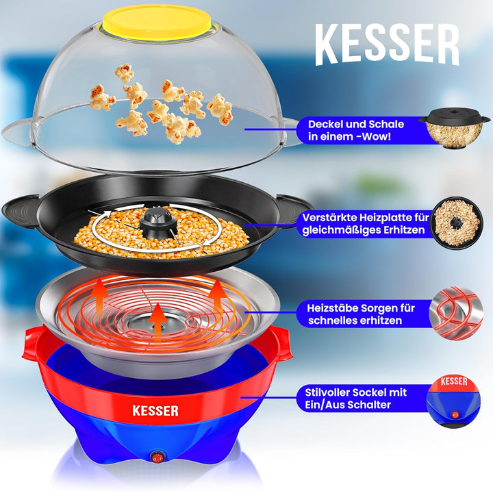KESSER® Popcornmaschine Gross 800W | Popcorn-Maker 5,5l Inhalt mit Antihaftbeschichtung Deckel & Ser