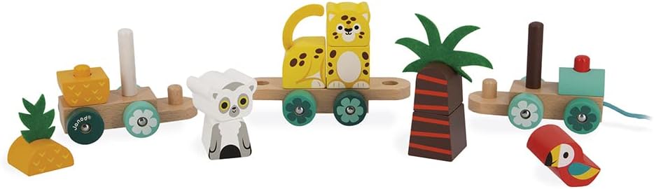Janod - Tropischer Nachziehzug Tropik - Nachziehspielzeug aus Holz - 11 Teile + 3 Waggons - Lernspie