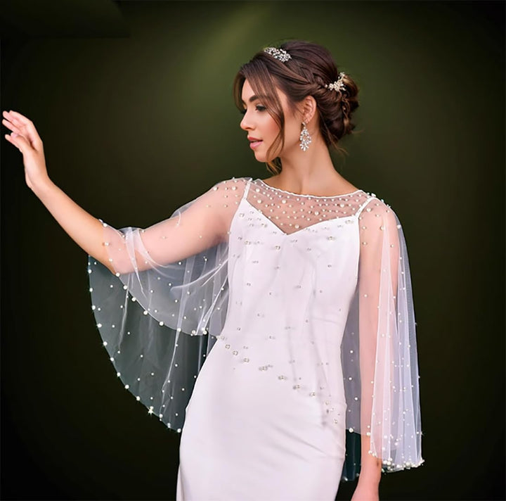 Tüll Perlen Umhang Weicher Organza Brautumhang Chiffon Schal Elegant Cape Kurzer Schulterumhang mit