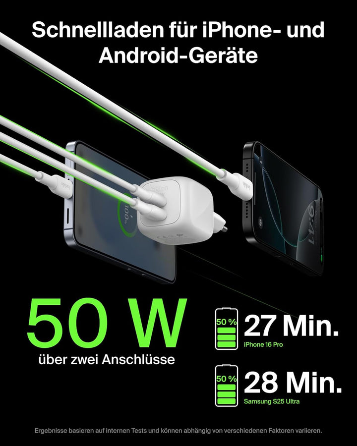Belkin SmartProtect 2 Port USB C Ladegerät, 50W, GaN-Ladegerät mit 2 Anschlüssen, 1 m USB-C-Kabel, S