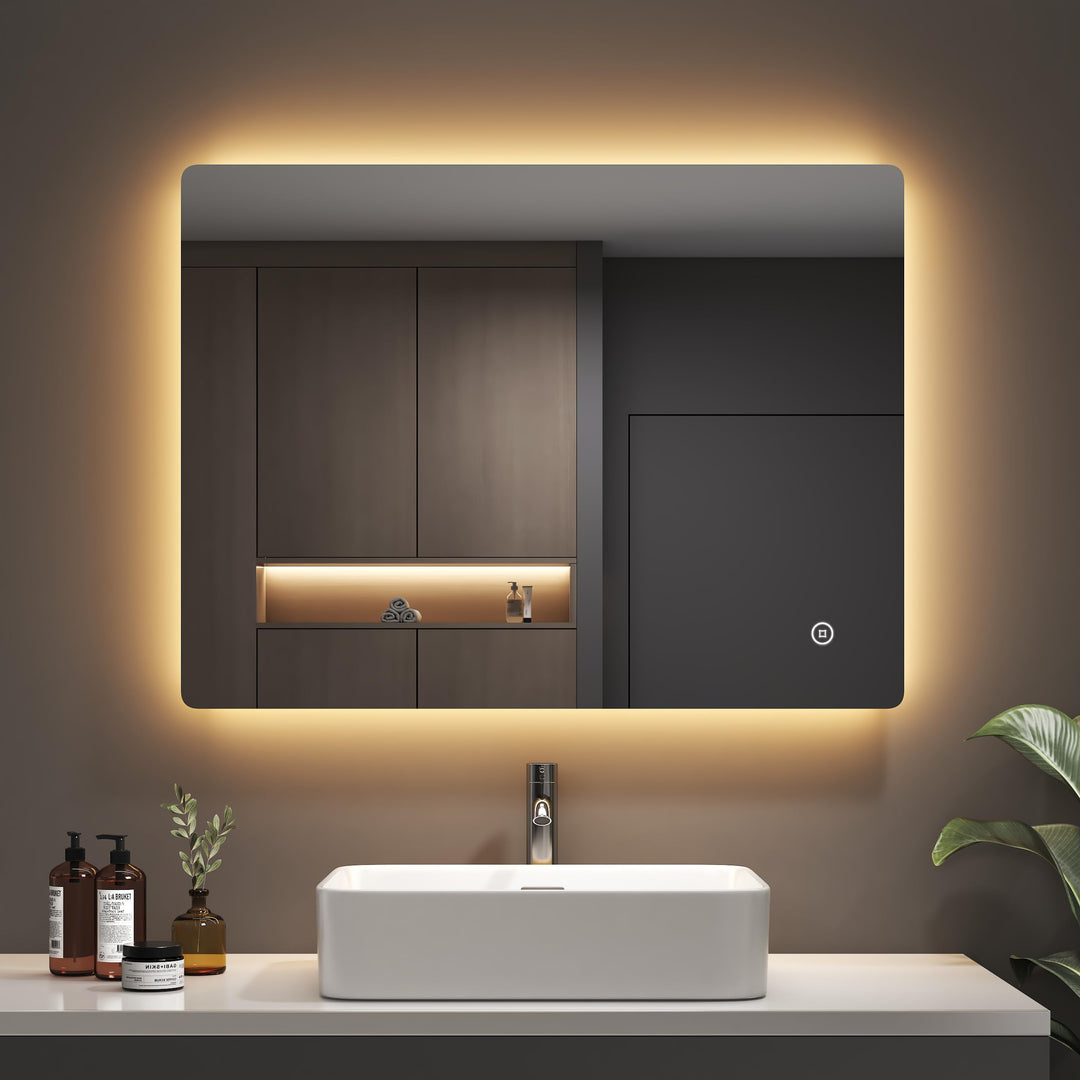 EMKE Badspiegel mit Beleuchtung 60x80 cm, Badezimmerspiegel mit 3 dimmbaren Lichtfarben, Touch, 3-St