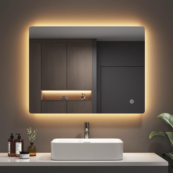EMKE Badspiegel mit Beleuchtung 60x80 cm, Badezimmerspiegel mit 3 dimmbaren Lichtfarben, Touch, 3-St