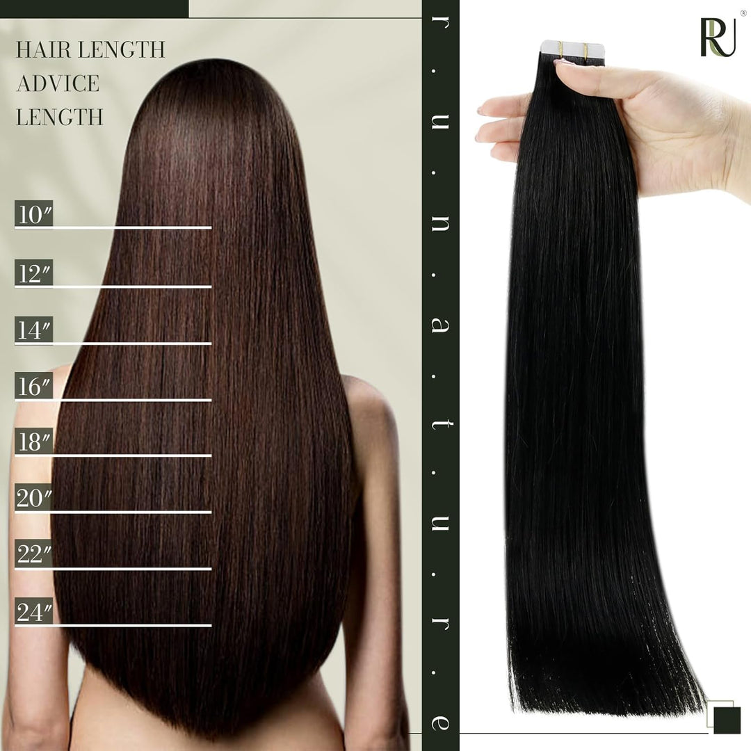 RUNATURE Tape in Extensions Schwarz 30cm Seamless Invisible Haarverlängerung 20 Stück 30g #1 30.48 c