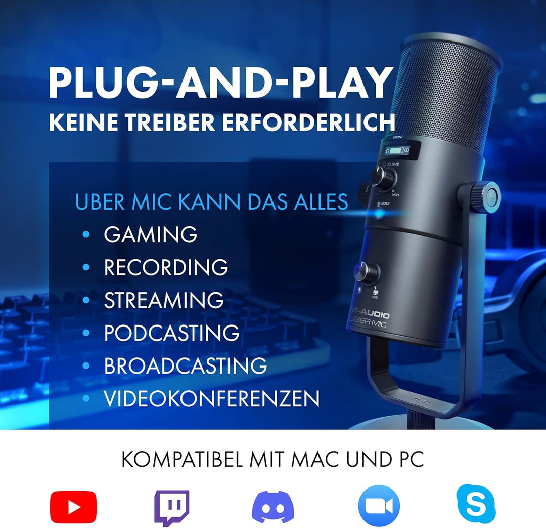 M-Audio Uber Mic - USB Kondensator Mikrofon für Gaming, Streaming, Podcast, Studioaufnahmen, mit 4 R