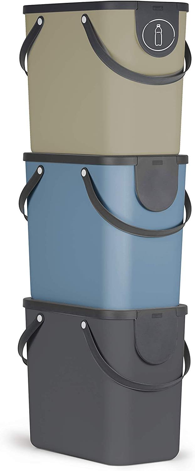 Rotho Albula 3er-Set Mülltrennungssystem 25l für die Küche, Kunststoff (PP) BPA-frei, anthrazit/blau
