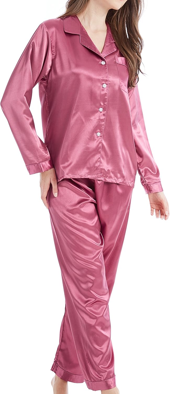 Damen Schlafanzug Pyjama Satin Lang Nachtwäsche Set Klassische Loungewear S Beere, S Beere