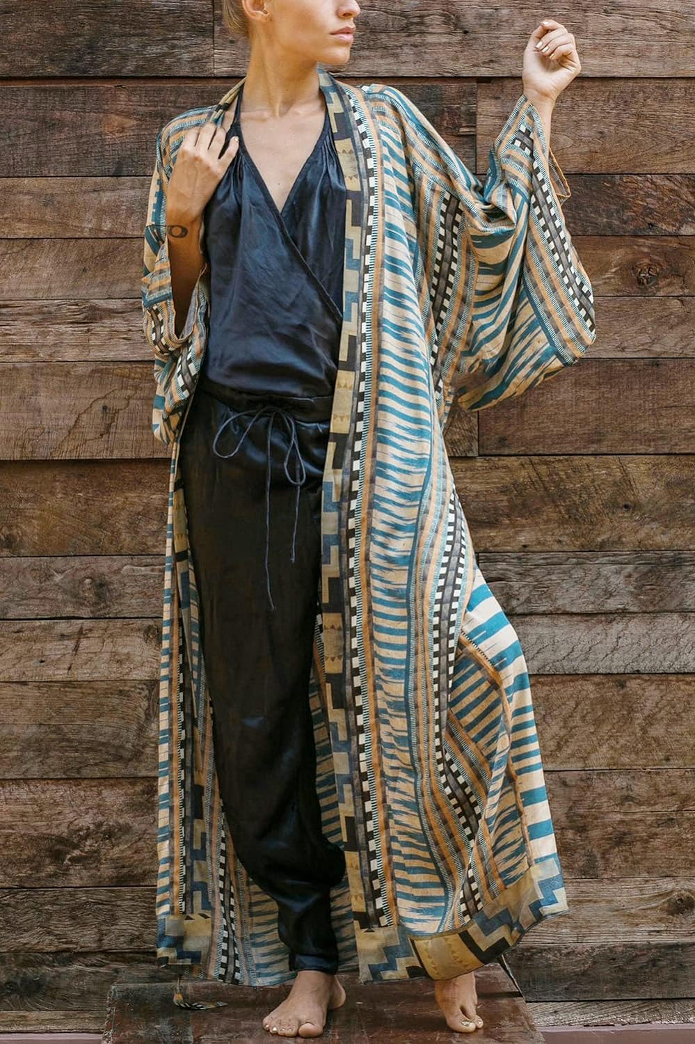 YouKD Böhmische Kimono-Langarm-Strickjacke Strand Badeanzug vertuschen Maxikleid für Frauen