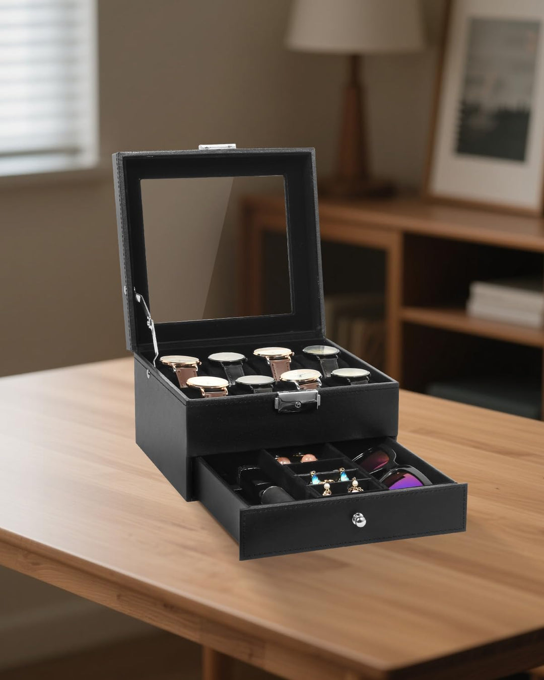 Uten Uhrenbox, 8 Fächern und 1 Schublade mit Schlüsselschloss, Glasdeckel, Schwarzes PU, Schwarzes S