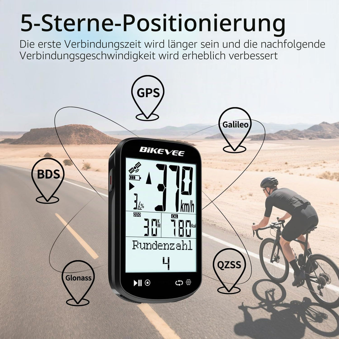 GPS Fahrradcomputer Kabellos ANT+ Bluetooth 2.6'' Glasdisplay 50H Akku Schwarz-AB【Doppelhalterung】,