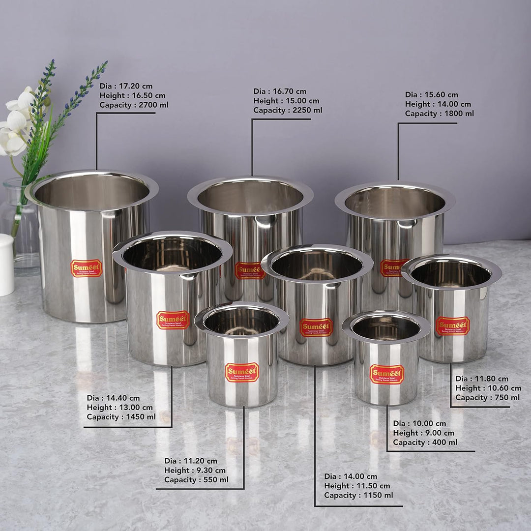 Sumeet Edelstahl Ganj/Milchkocher/Milchtopf/Lang-Tapeli Set von 8 Stück (400ml, 550ml, 750ml, 1150ml