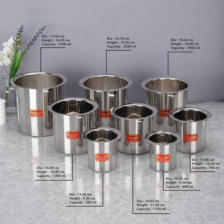Sumeet Edelstahl Ganj/Milchkocher/Milchtopf/Lang-Tapeli Set von 8 Stück (400ml, 550ml, 750ml, 1150ml